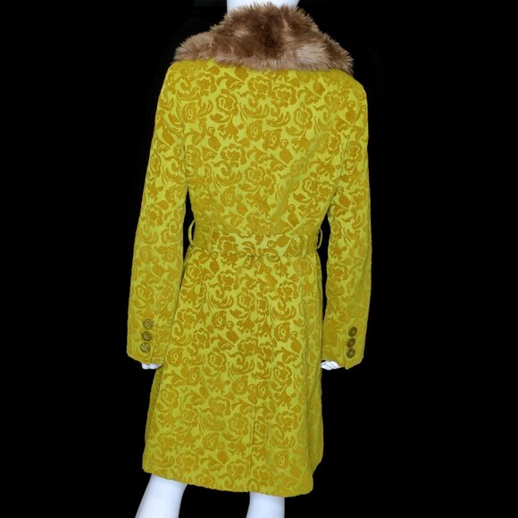 Y2K Merona Brocade Jacquard Damask Gold Coat Faux Fur Collar Penny Lane Tapestry - Picture 4 of 10